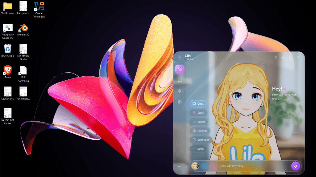 Lila 2.0 (Project JARVIS) Autonomous AI OS Desktop Interface by Rishabh Joshi, showing 3D VRM companion avatar, Chat, Voice, Vision, and Windows 11 host integration