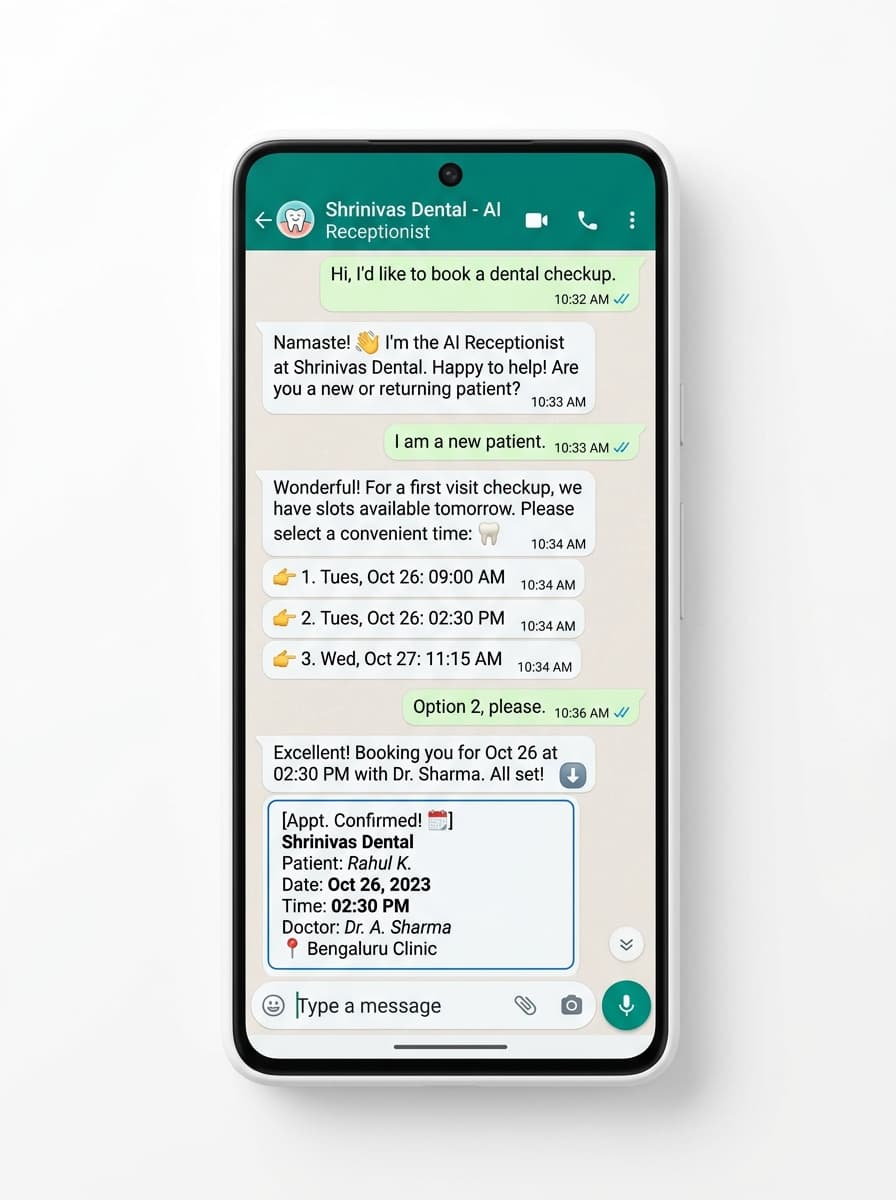 WhatsApp AI Receptionist conversation flow for Shrinivas Dental showing appointment booking